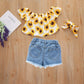 Girls Summer Dress One-shoulder Printing Shirt Denim Shorts Suit Summer Girls Short-sleeved Hole Shorts Set