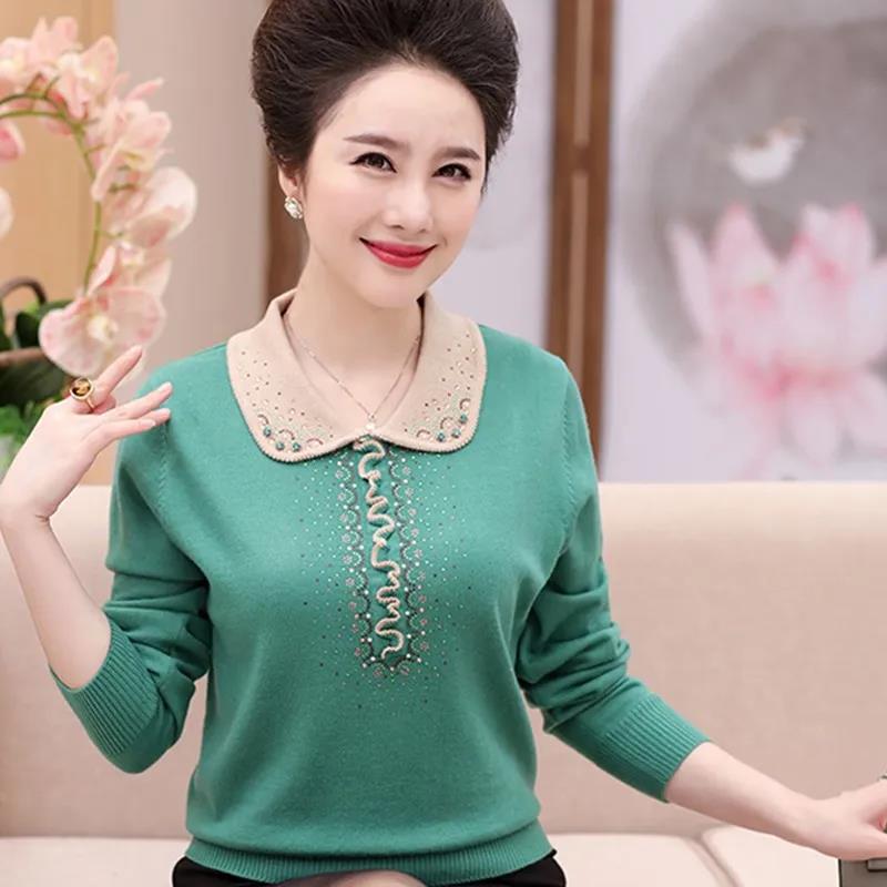 Women's Woolen Sweater Solid Color Sticky Diamond Long-sleeved Sweater Lapel Loose Plus Size Top M-5XL