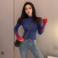 Color Matching Sweater Women's Retro Wild Style Slim Bottoming Sweater Long Sleeve
