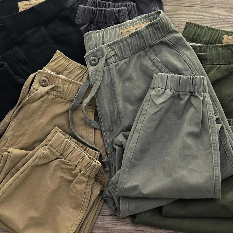 Retro Casual Overalls Pure Cotton Loose Straight Sports Nine-point Drawstring Trousers Men