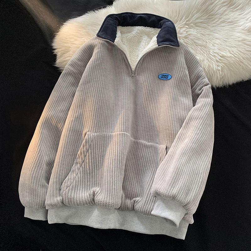 Lamb Velvet Half Zipper Polo Collar Sweater Women's Autumn and Winter Plus Velvet Thick Outer Wear Loose Warm Warm Jacket Top