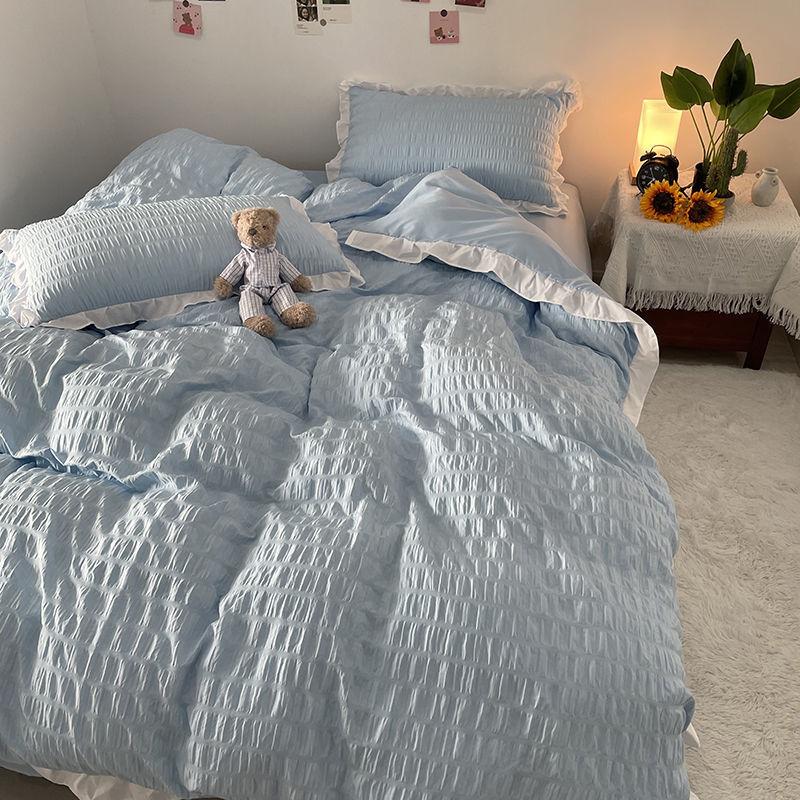 Princess Style Washed Cotton Seersucker Four-piece Solid Color Bedding Quilt Cover Sheet Four Seasons Universal