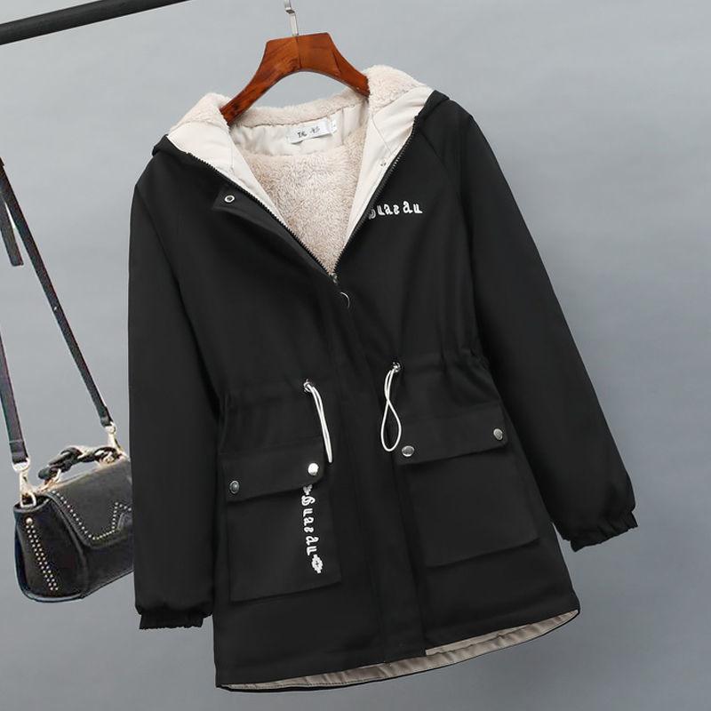 Parker Plus Velvet Thick Coat Women All-match Casual Casual Short Hooded Waist Loose Windbreaker Women Warm and Comfortable