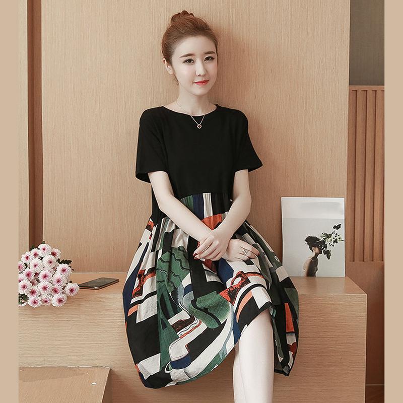 Splicing Vintage M-XXXXXL Summer Polyester Short-sleeved Knee-length A-line Dress