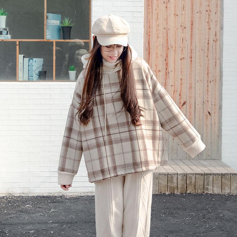 Autumn and Winter Plus Velvet Thick knitwear Plaid Loose Turtleneck Top Long Sleeve Base Sweater Women