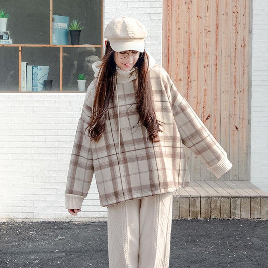 Autumn and Winter Plus Velvet Thick knitwear Plaid Loose Turtleneck Top Long Sleeve Base Sweater Women