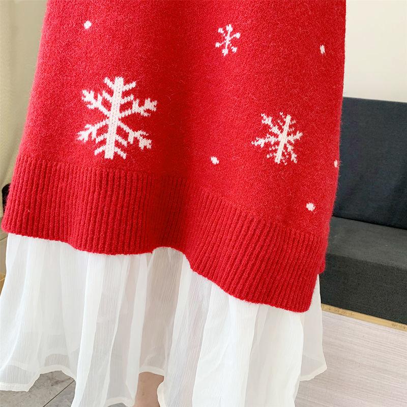 Autumn and Winter Snowflake Christmas Maternity Clothes Long Sleeve Dress Mid-length  Loose Plus Size Round Neck Knitted Skirt