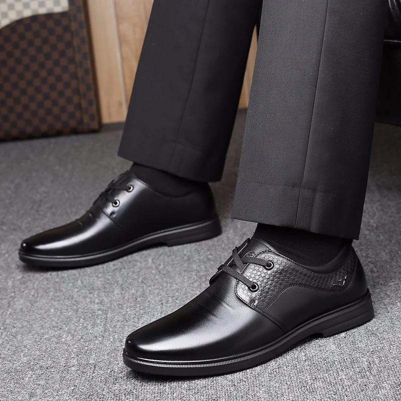 Men's Spring and Autumn Business Leather Shoes Real Cowhide Round Toe Breathable Dad Shoes Husband Casual Shoes Korean Men's Lace-up Shoes