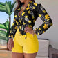 Women's Light Cooking Digital Printing Stand Collar Long Sleeve Shirt Ladies Shorts Set