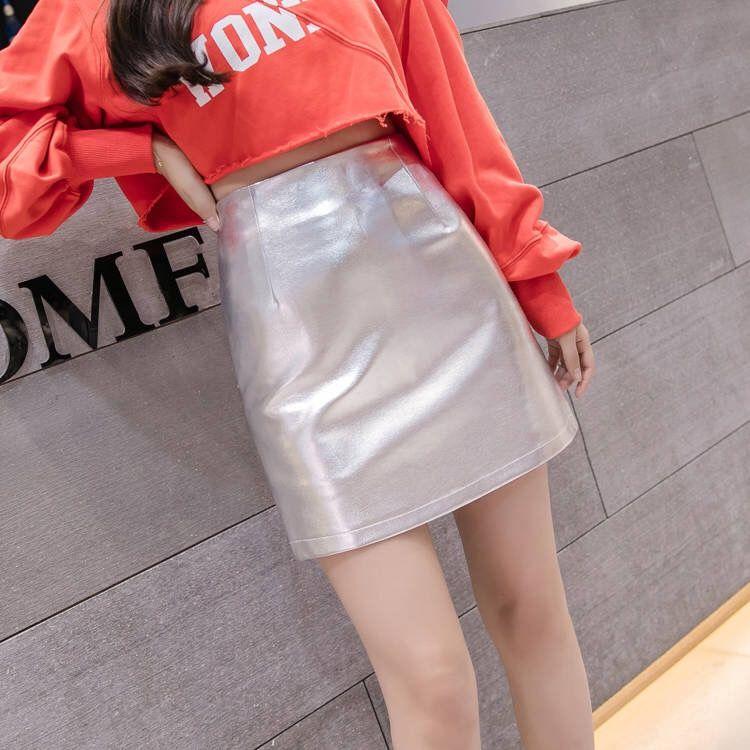 S-XXL Leather Skirt Women's Sexy PU Leather Glossy Zipper Split Mini Skirt Mid Waist A-line Skirts