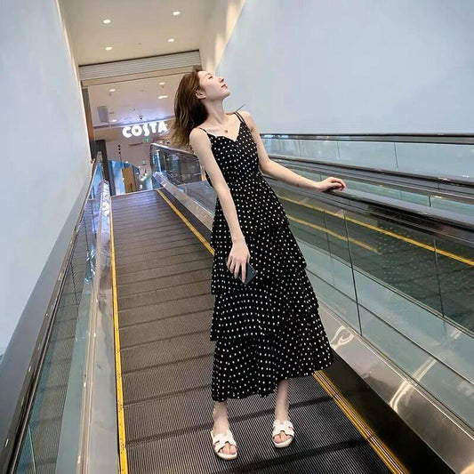Fashion Summer Polka Dot Dress V- Neck Spaghetti Strap Dress Chiffon Dress Sleeveless A-line Dress