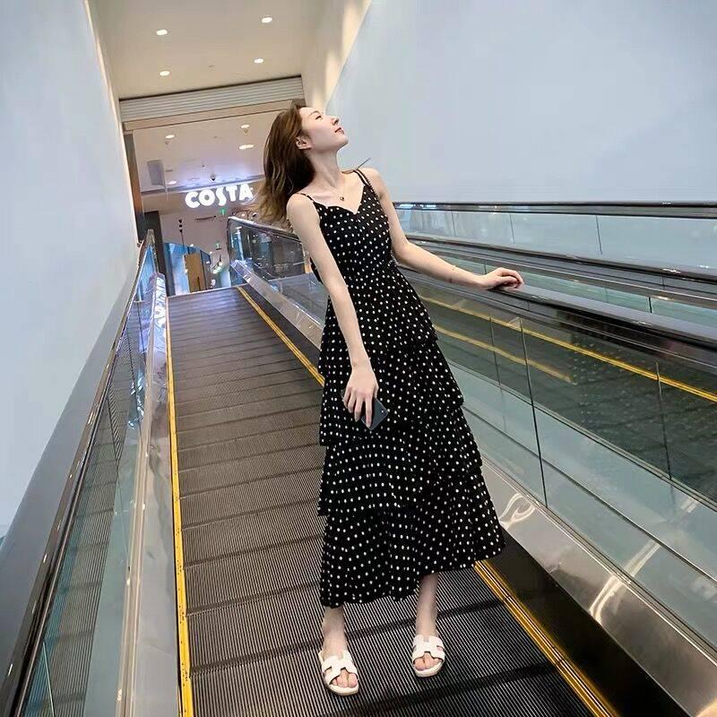 Fashion Summer Polka Dot Dress V- Neck Spaghetti Strap Dress Chiffon Dress Sleeveless A-line Dress