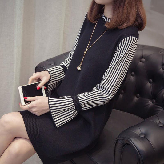 Autumn and Winter Loose Fashion Sweater Dress Mid-length Trumpet Sleeve Pullover Base Skirt Simple Casual Women Sweater Dress