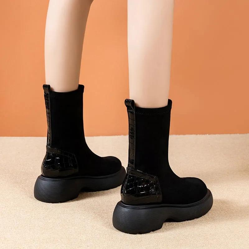 Black Boots Woman Autumn and Winter Velvet Elastic Boots Korean Version of Wild Short Boots Increased Thick-soled Boots Martin Plush Boots