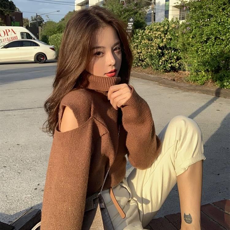 Off-the-shoulder long-sleeved turtleneck sweater women's new winter wear loose bottoming sweater