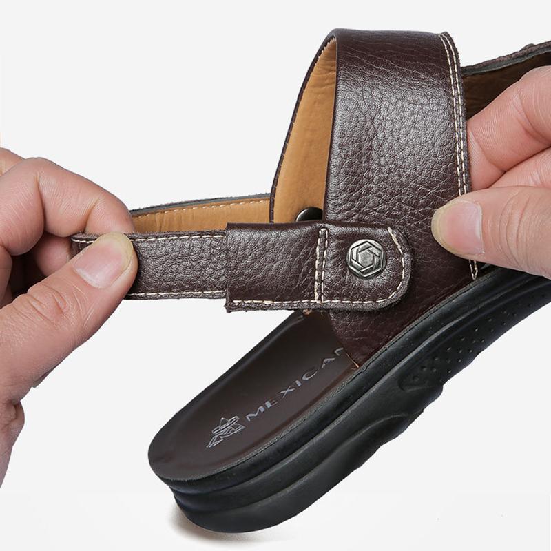 Men's Top Layer Leather Sandals Leather Summer Breathable Sandals Non-slip Men's Beach Shoes
