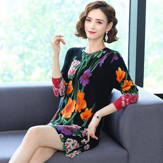 Autumn and Winter Print Pullover Sweater Mid-length Sweater Dress Plus Size Long-sleeved Knitted Skirt