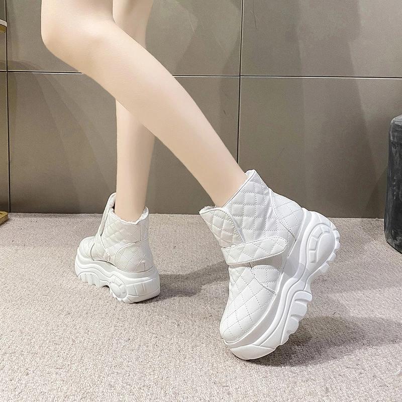 Platform Boots for Women Winter Shoes Black White Silver Patent Leather Snow Boots Ankle Booties Warm Chunky Flat Boots