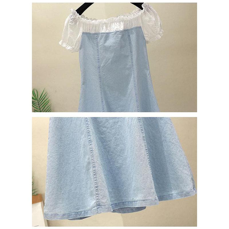 Fashion Lace Stitching One-shoulder Denim Dress Buttoned A-line Skirt Small Summer