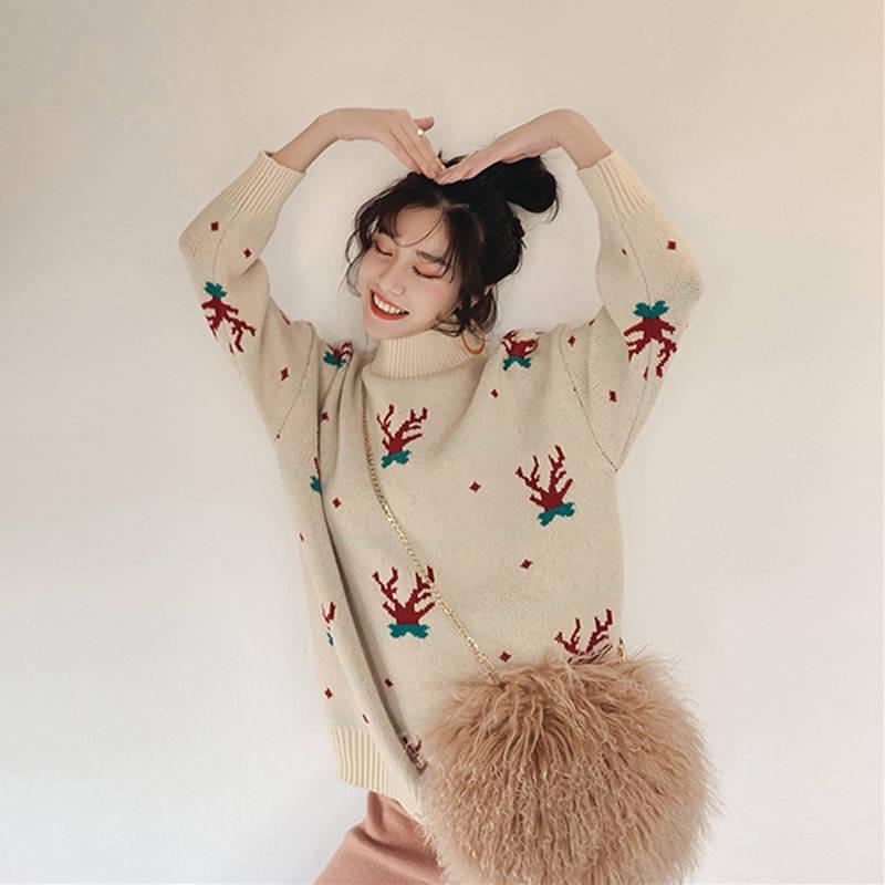 New Christmas Elk Red Half Turtleneck Sweater Women Loosely Thin Long Sleeve Base Sweater