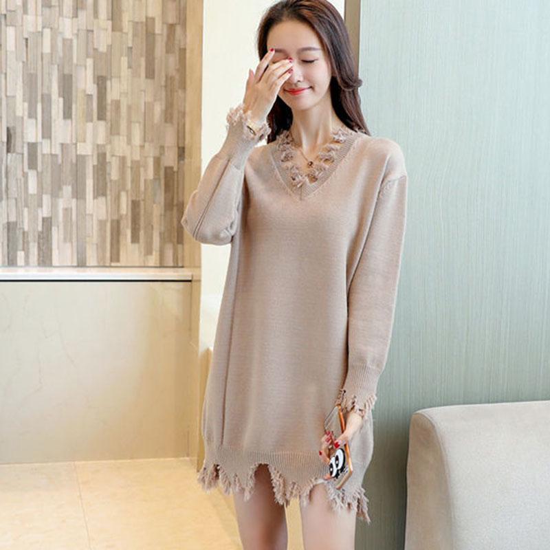 Autumn  Winter Women's Mid-length Sweater Ripped Tassel Sweater Casual Loose Knit Sweater Dress Outer Wear