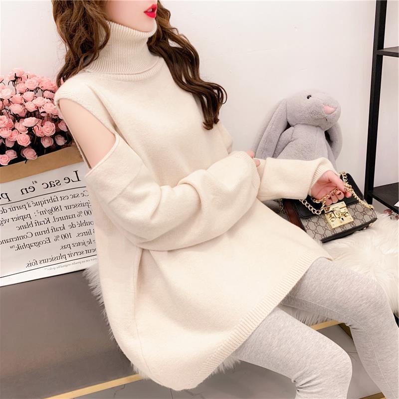 Off-the-shoulder High-neck Careful Machine Sweater Women Autumn and Winter Loose Tops, Fashionable Casual Coat