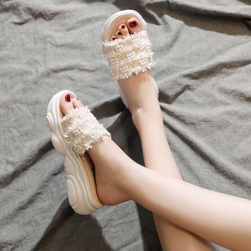 35-40 Summer Women All-match Shiny Slippers Outdoor Pearl High Heels Sandals Bohemian Beach Wear-resistant Non-slip Slippers Wedge Platform Sandals