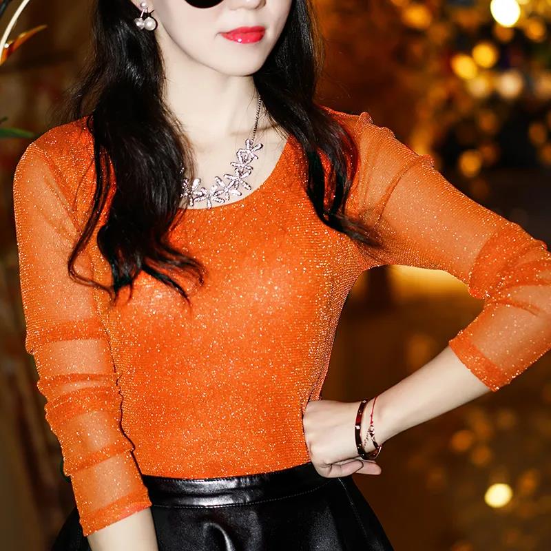 Party Fashion Wild Shiny Gold and Silver Mesh Yarn Round Neck Shirt Blouses T Shirts