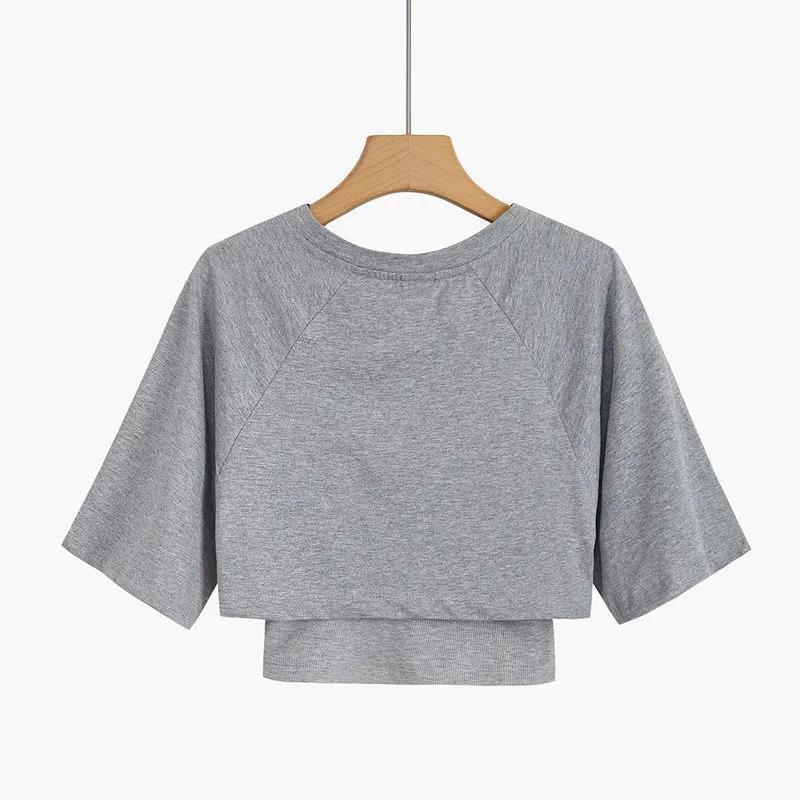 Gray Short-sleeved Irregular T-shirt Women's Short Umbilical Short Chic Top Two-piece Female Summer