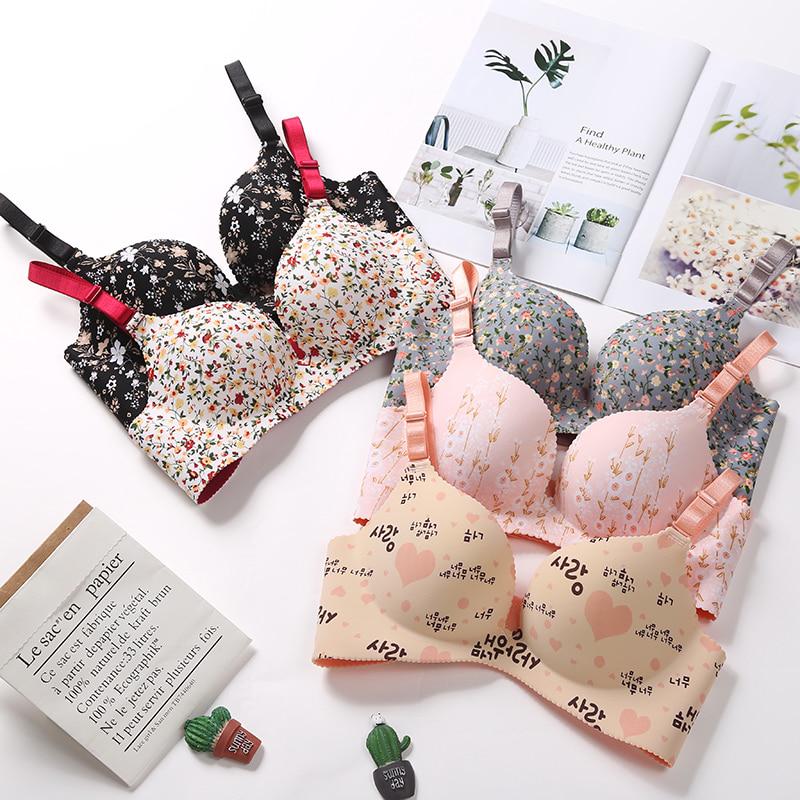 Five-color One-piece Bra Gathered Adjustable Shoulder Strap Four Rows of Buckles Without Steel Support Printed Bra