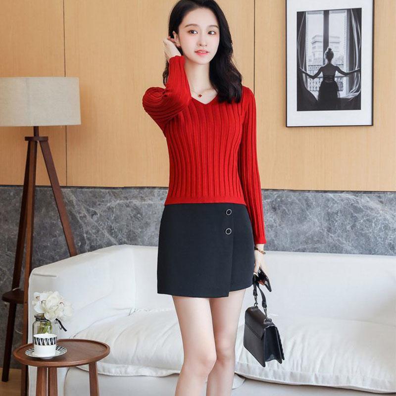Autumn and Winter Knitted V-neck Sweater All-match Slim Short Top Small Simple Solid Color Female Bottoming Shirt