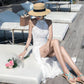 Pofulove Women Halter Open-back Lace Split Dress Sexy Sun-dresses Below The Knee White Beach Skirt