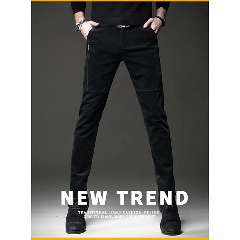 Men's Autumn and Winter Corduroy Casual Pants Slim-fit Pants with Small Feet Male Straight-leg Korean Style Trousers Business Streetwear Elastic Waist