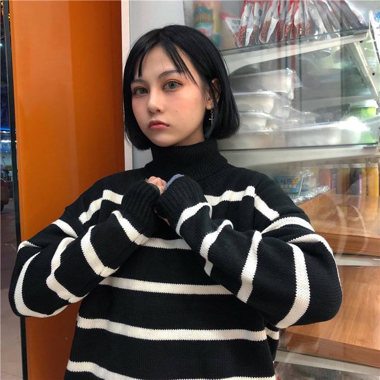 Pofulove Striped Embroidered Turtleneck Women's ulzzang Students Loose Contrast Color Sweater Coat