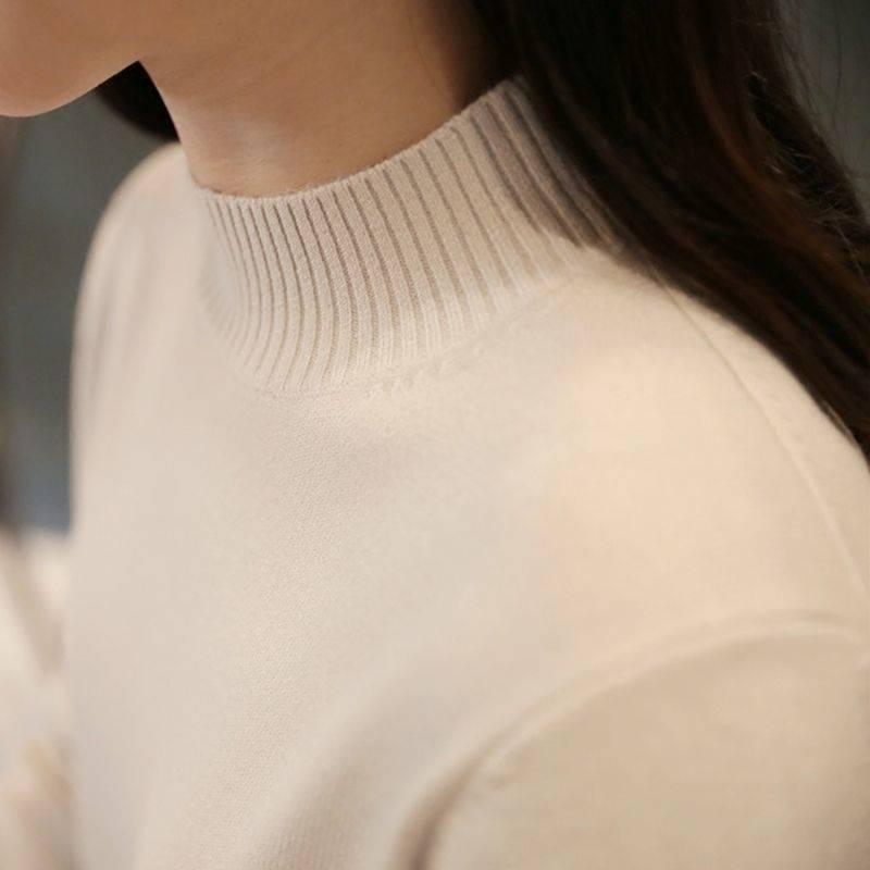 Pofulove Autumn Half Turtleneck Sweater Women Bottoming Shirt Black Long-sleeved Slim Pullover Shirt