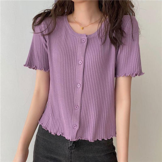 Summer and Autumn Knitted Tops Round Neck Short-sleeved Sweater Cardigan Loose Young Women's Jacket