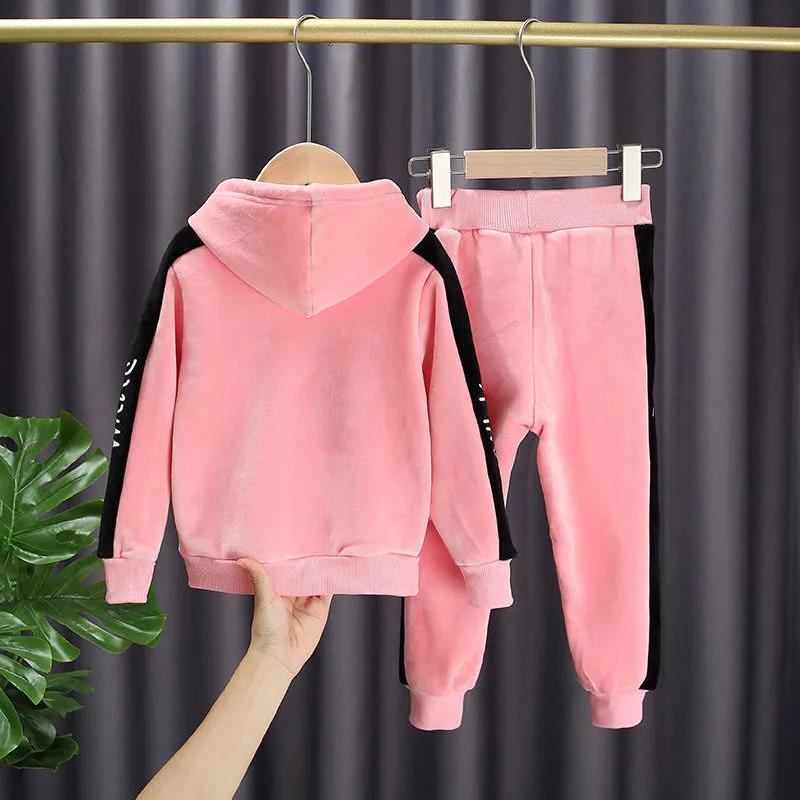Girls Gold Silk Double-faced Fleece Casual Spring, Autumn and Winter Suit Korean Version of The Two-piece Suit