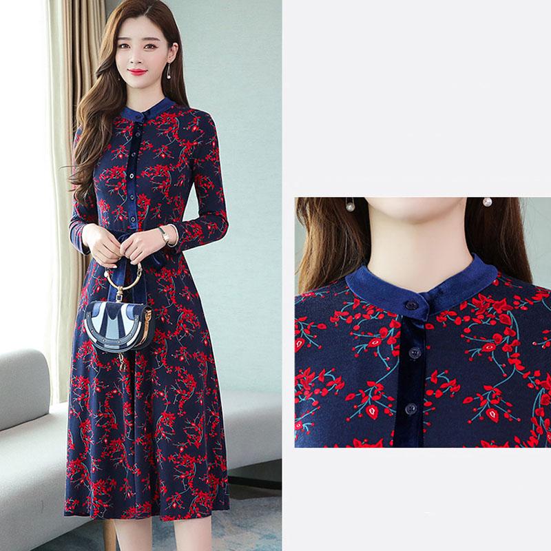 Knitted long skirt floral dress autumn was thin temperament large size women's long-sleeved waist