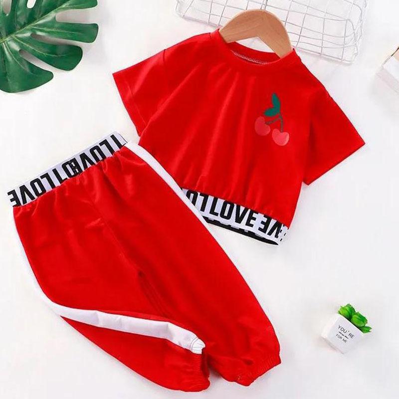2PCS Children Clothing Set Spring Summer Girls Suits Printing Letter Cherry Short Sleeve Tops + Pants Clothing Set