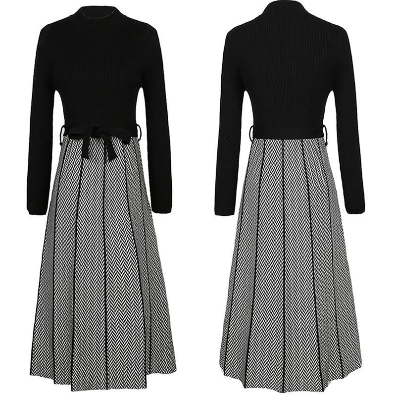 Knitted Dress Women's Clothing Autumn Winter 2021 Fashion Knit Stitching Pleated Dress with Bow Loose Loose Waist