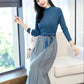 Knitted Dress Women's Clothing Autumn Winter 2021 Fashion Knit Stitching Pleated Dress with Bow Loose Loose Waist
