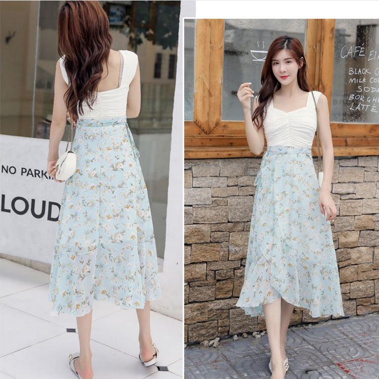 Bohemia Beach Skirt Women Spring Summer Chiffon Flower Pattern SkirtMedium Elastic Waist Skirt