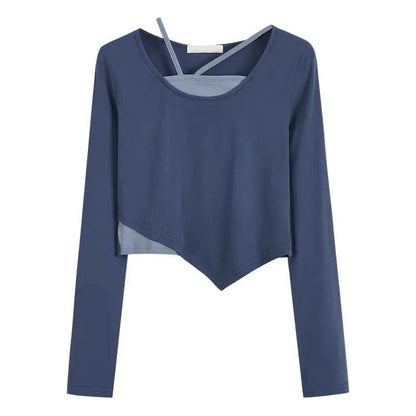Short T-shirt Women's Spring and Autumn Irregular T-shirt Slim Long-sleeved Top