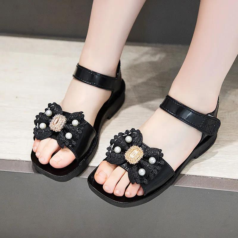 Girls Sandals Girls Summer Soft Sole Low Heel Beach Sandals Anti-slip Bow and Beads Decoration Casual Princess Sandals