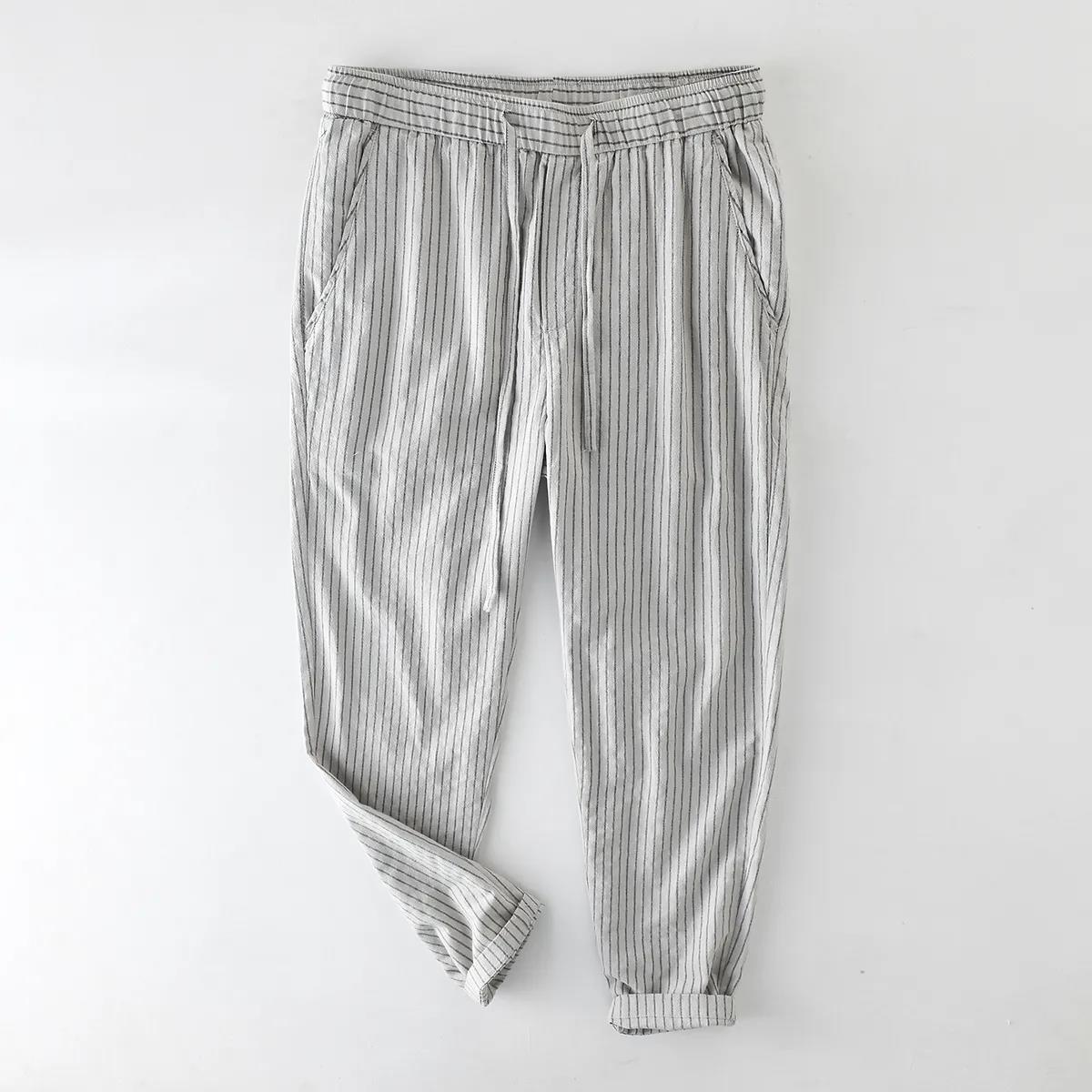 Striped Thin Elastic Waist Straight-leg Casual Cropped Trousers Men's Drawstring Youth Breathable Loose Trousers