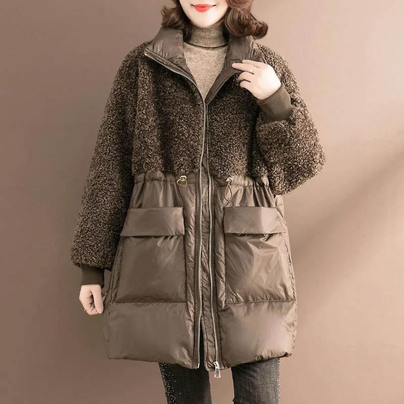 Women's Mid-length Fashion Lamb Wool Cotton-padded Jacket Loose Plus Size Warm Cotton-padded Jacket Women