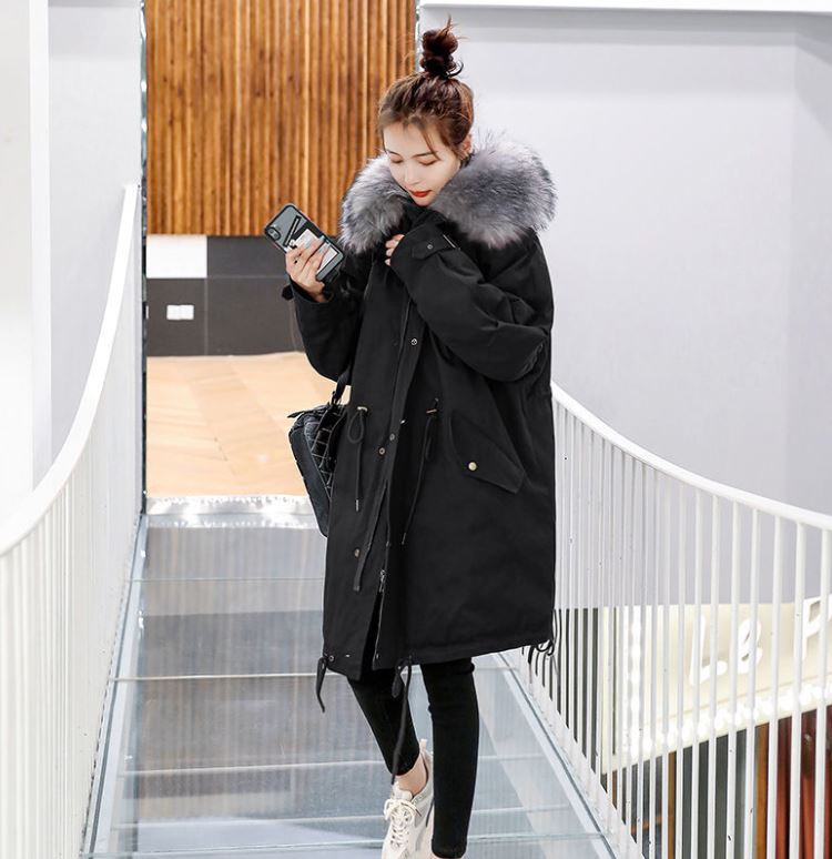 Winter Women's Cotton Jacket Jacket Mid-length Large Fur Collar Plus Down Jacket Thickening Plus Velvet Jacket