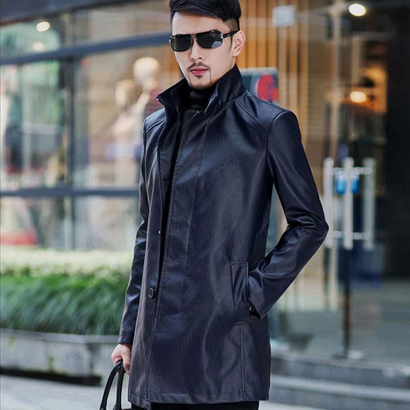 Men's Business Leather Jacket Mid-length Coat Windbreaker Jacket Men European and American Casual Winter Men