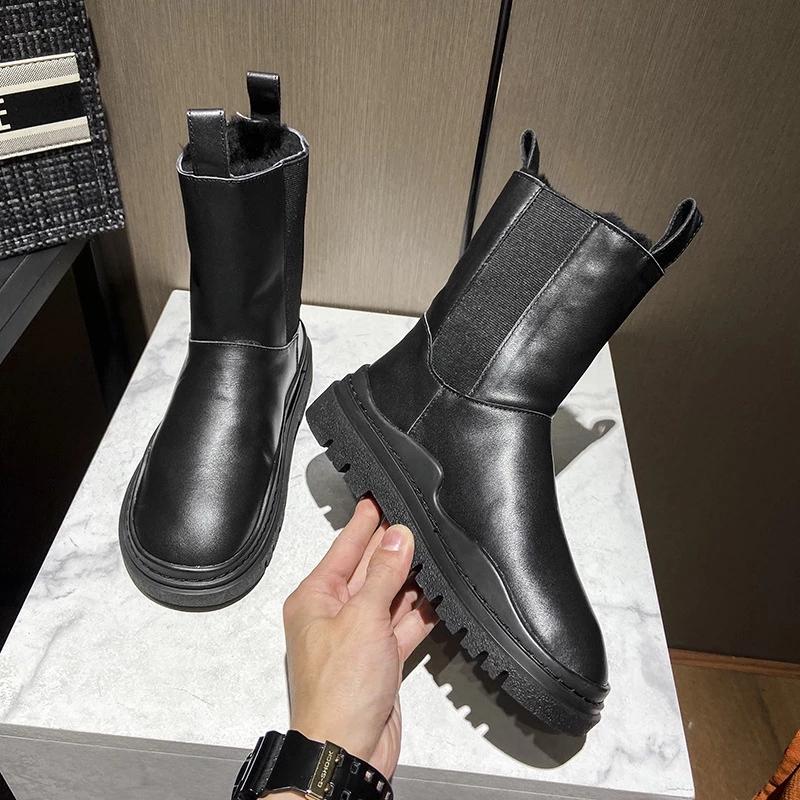 Women Boots Winter Shoes Black White Fur Boots Leather Snow Boots Plush Warm Ankle Booties Platform Chunky Boots