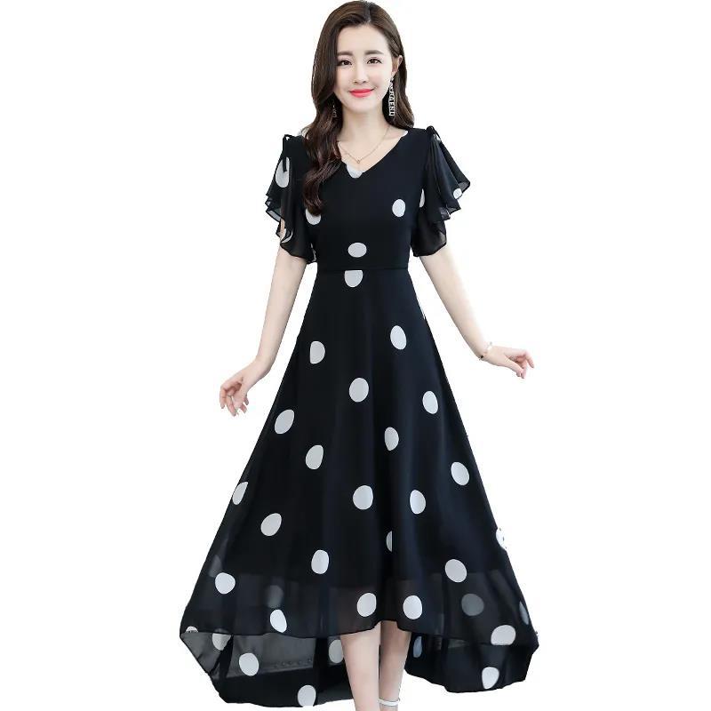 Women's Short Batwing Sleeve Ruffle Polka Dot Chiffon Dress  V-Neck Calf Length Daily Dating Party Office Wear